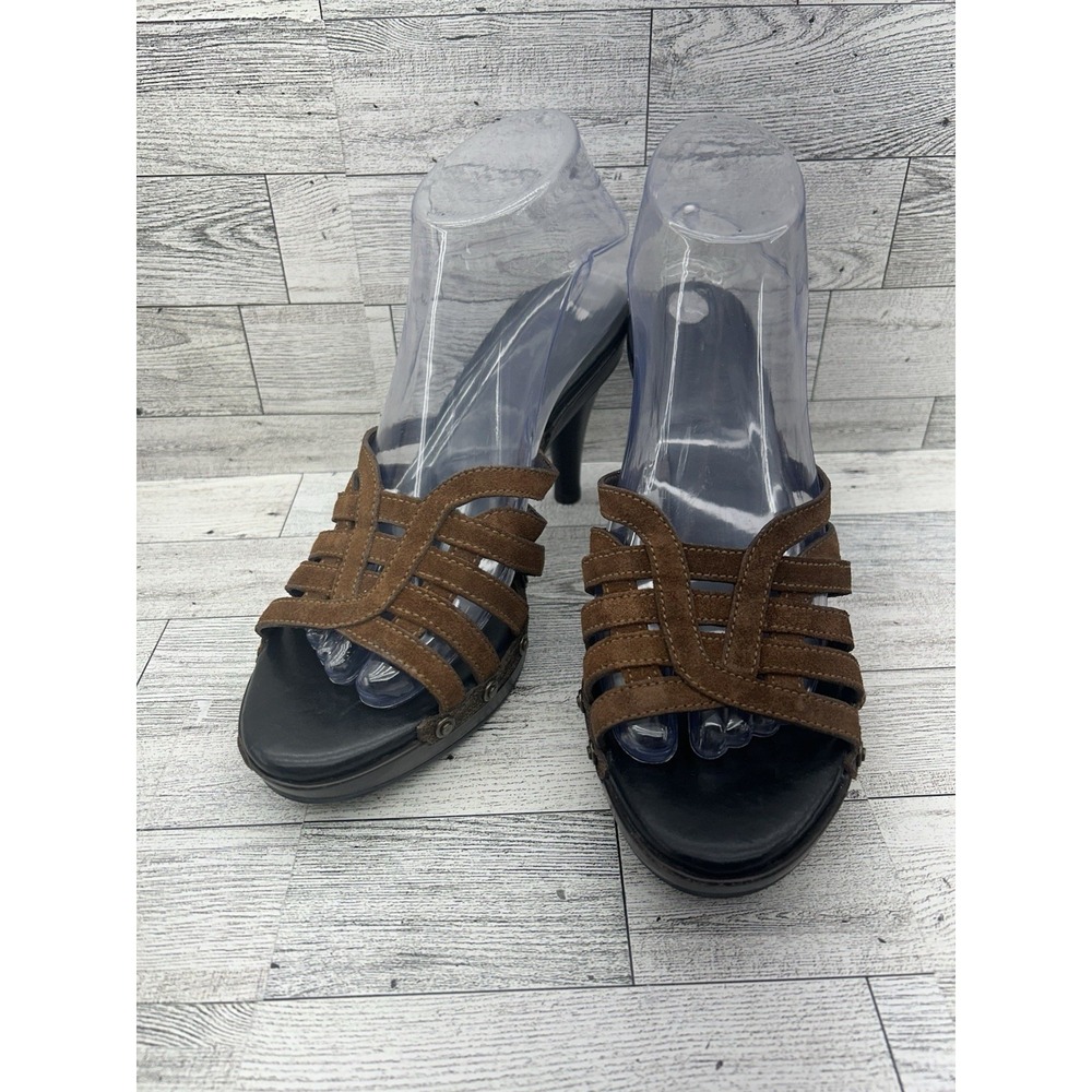 COLE HAAN CLIO Almond Suede Brown Designer Strappy Platform‎ Heels Sandals 8.5B